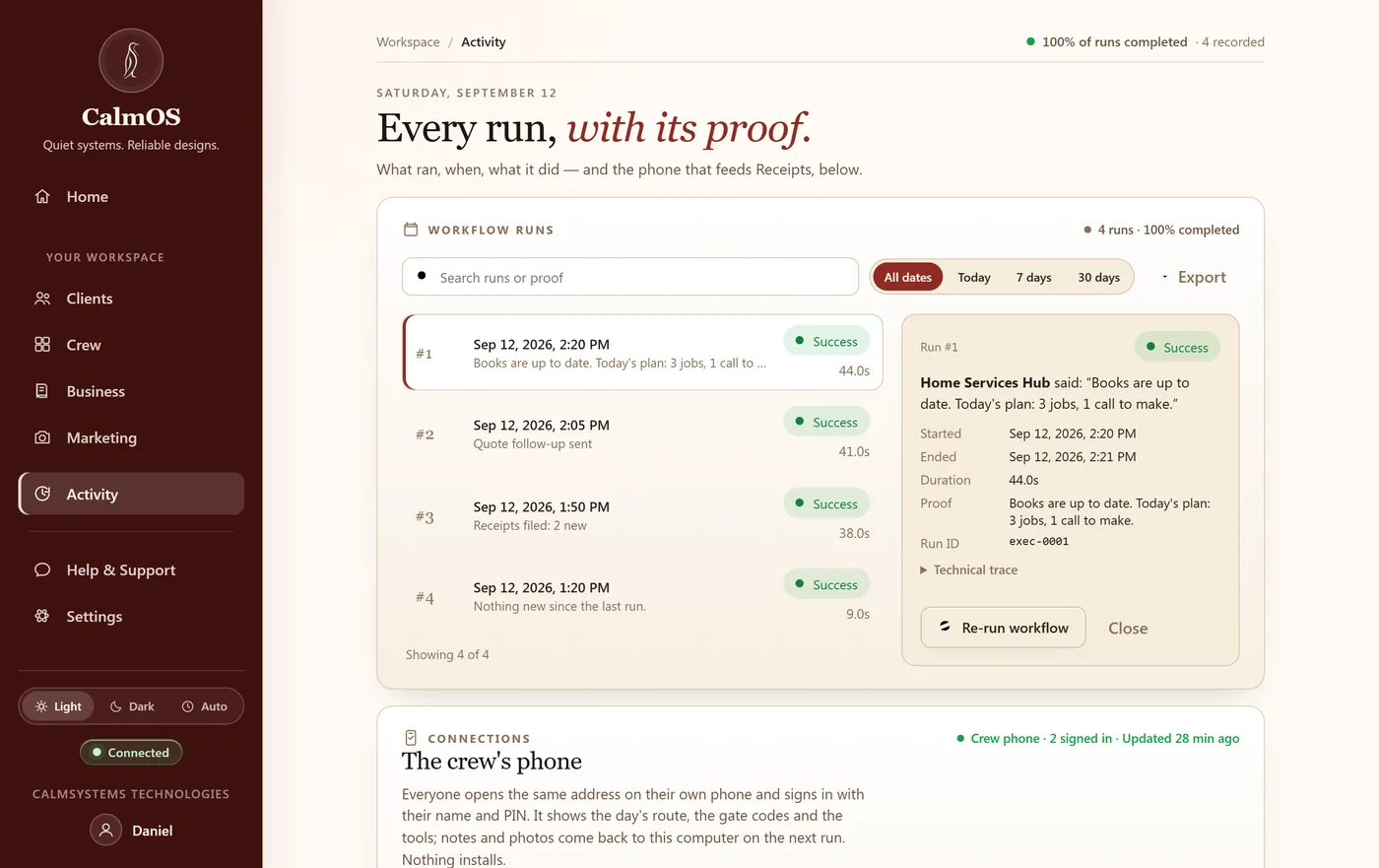 Activity. Every run with its proof.