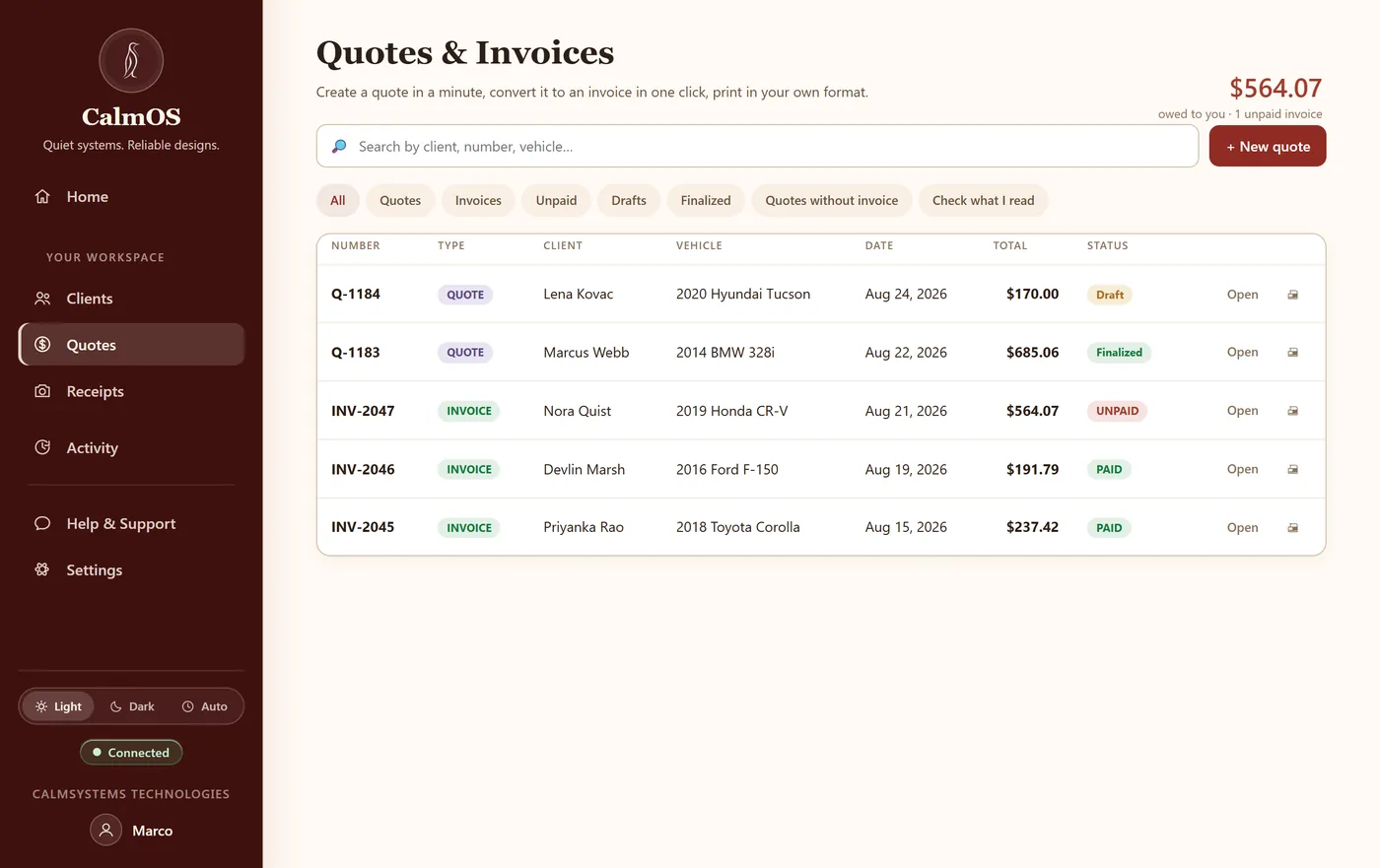 The auto-shop Package: Quotes and invoices